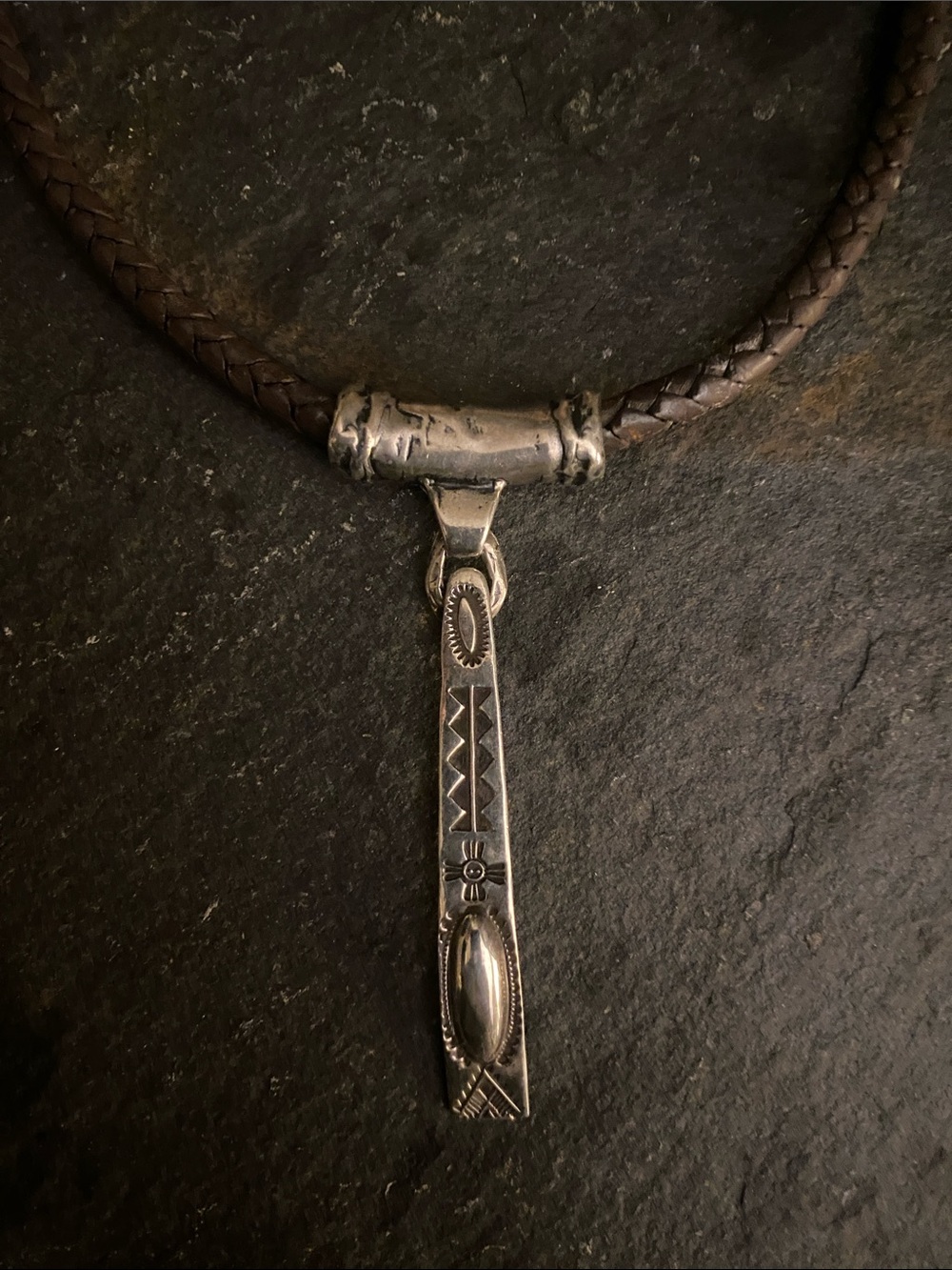 Sterling silver  Tribal Pendant Necklace - Brown Leather